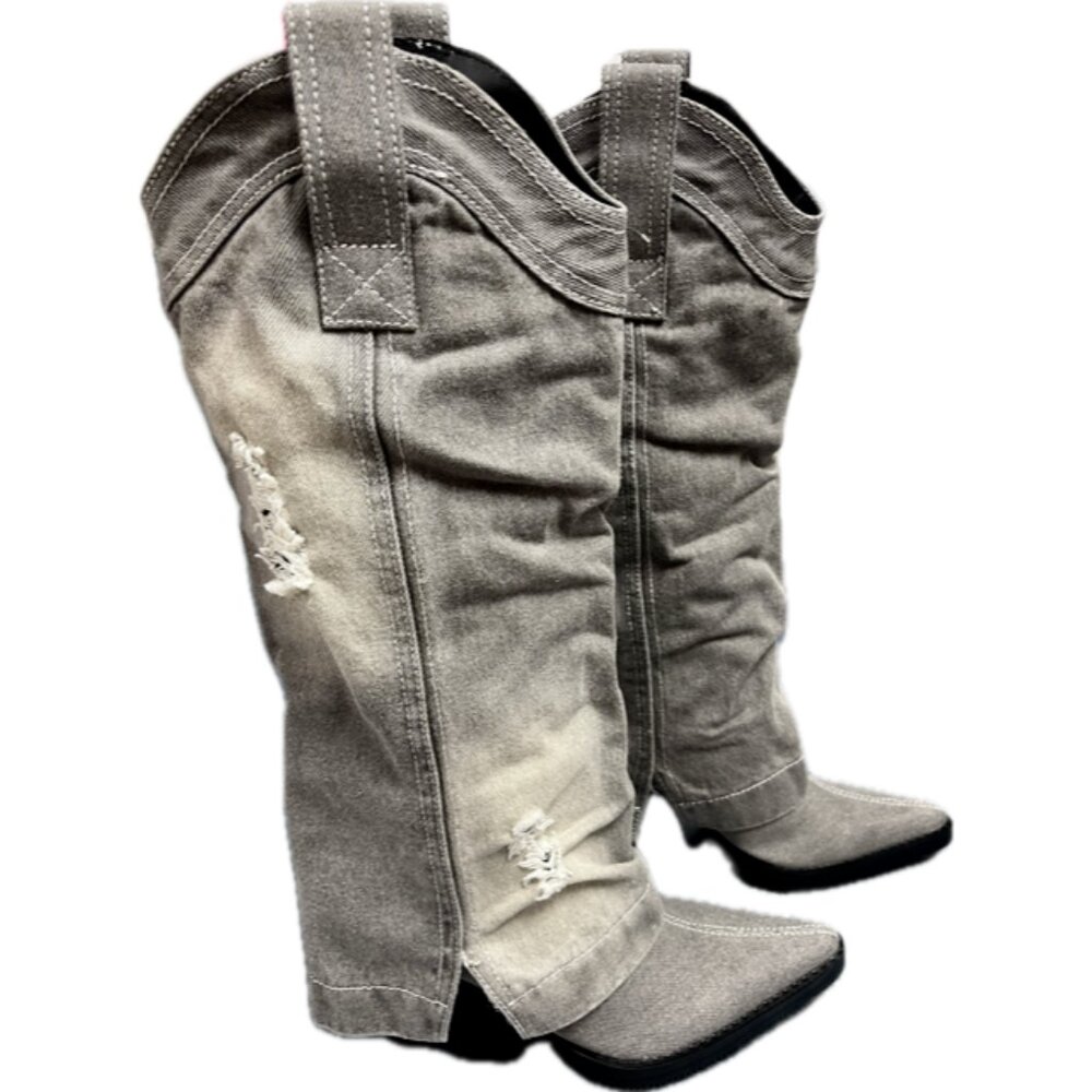 Reitoye Womens Western Cowboy Denim Knee High Boots Chunky Mid Heel Boot 5.5 NIB